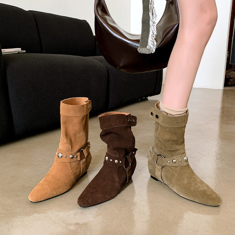 Karin Luna has prepared stock  Hot-Selling Retro Pointed Toe Wedge Metal Buckle High Tube Western Boots