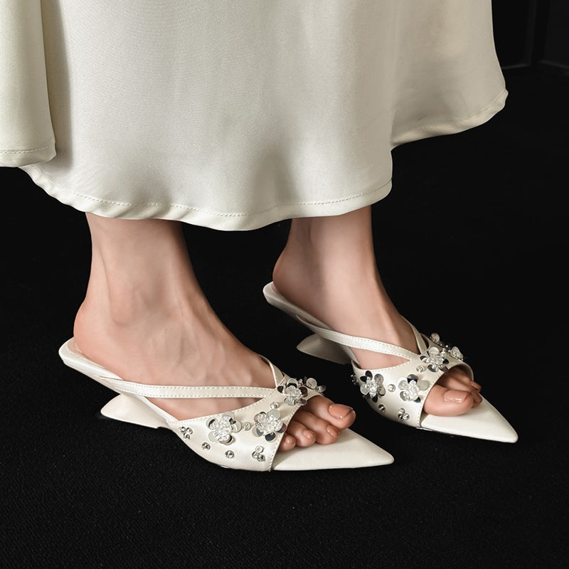 Karin Luna Bestseller Sequin Elements Elegant Pointed Toe Irregular Heel Slippers