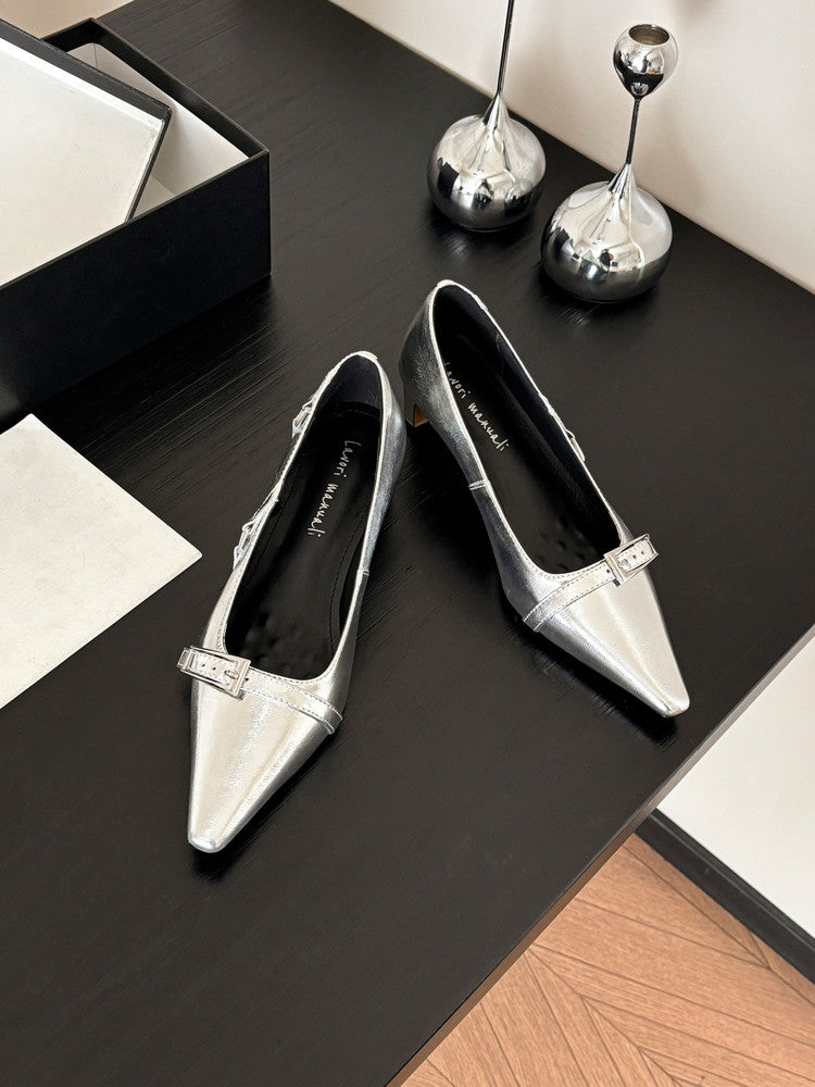 Karin Luna In Stock In Stock Retro Belt Buckle Small Square Toe Chunky Heel Single Shoes