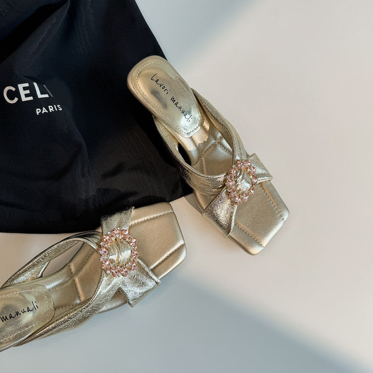 Karin Luna In Stock In Stock Elegant Square-Toe Cross-Strap Rhinestone Square-Toe Slippers