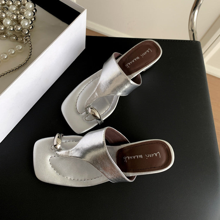 Karin Luna In Stock Spot Goods Clip-toe Square Toe Metal Buckle Minimalist Slippers