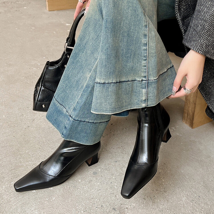 Karin Luna Elegant Small Square Toe Chunky Heel Slim Boots