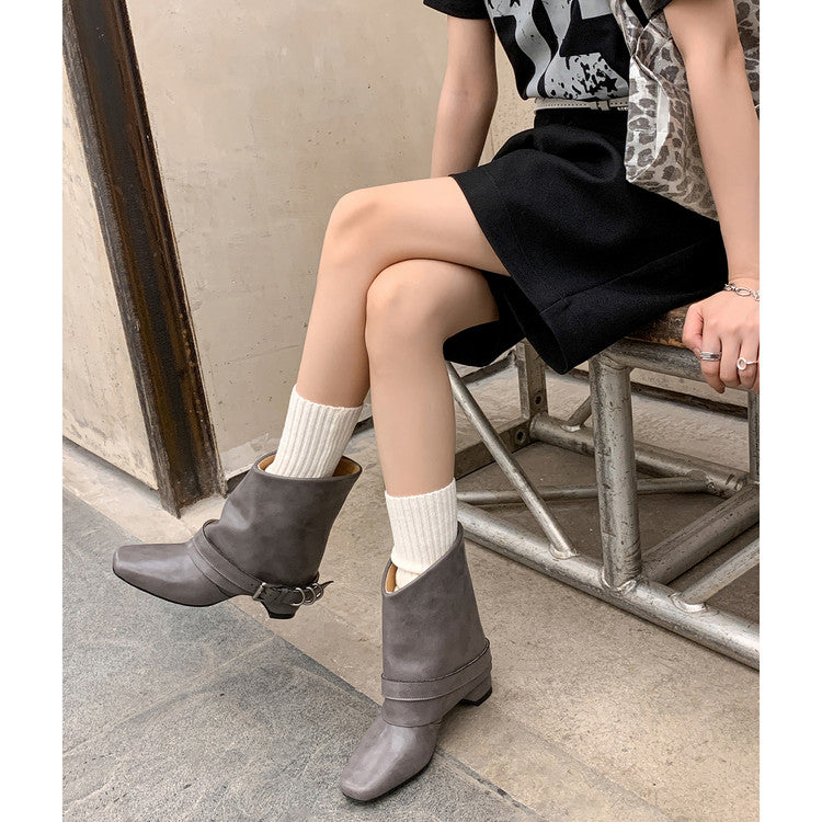 Karin Luna Data Hot Item Square Toe Hidden Wedge Belt Buckle Suede Ankle Boots