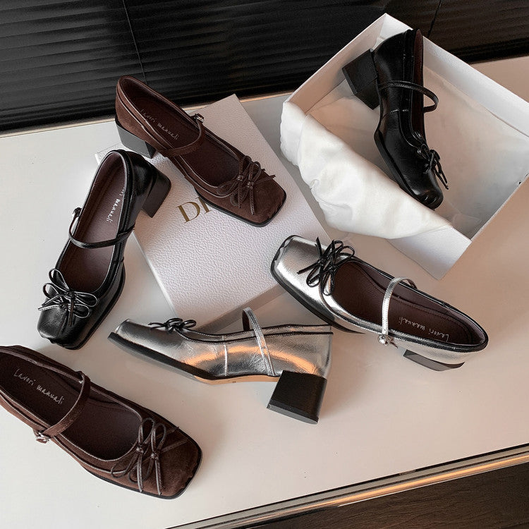 Karin Luna In Stock Spot Goods   One-strap Bowknot Square Toe Chunky Heel Mary Jane Shoes