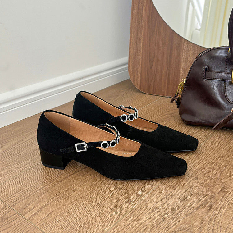 Karin Luna In Stock Spot Goods  Vintage Full Leather Square Toe Rhinestone Strap Shallow Mouth Single Shoes