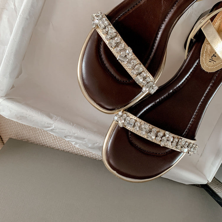 Karin Luna In Stock In Stock  Rhinestone Strap Round Toe Chunky Heel Sandals