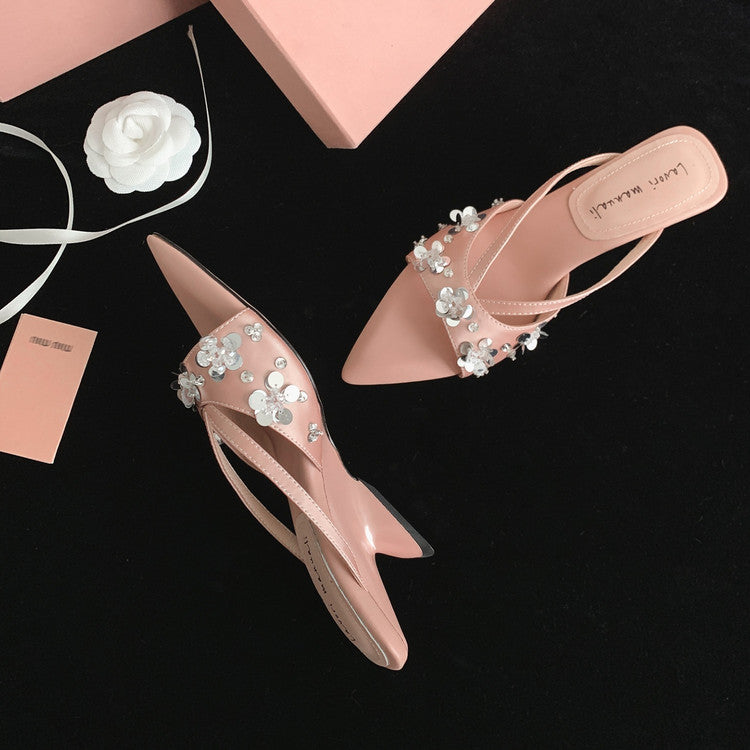 Karin Luna Bestseller Sequin Elements Elegant Pointed Toe Irregular Heel Slippers