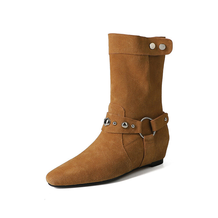 Karin Luna has prepared stock  Hot-Selling Retro Pointed Toe Wedge Metal Buckle High Tube Western Boots
