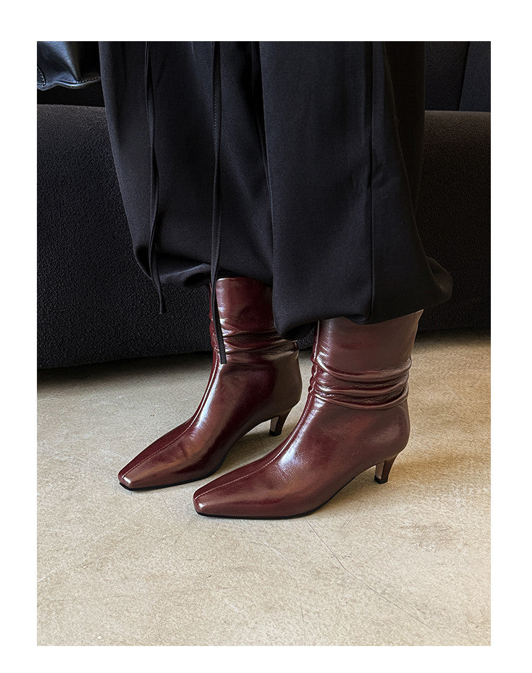 Karin Luna In Stock Spot Goods  Retro Wrinkled Small Square Toe Short Boots