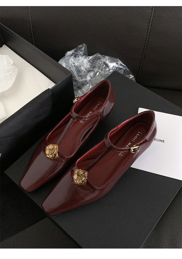 Karin Luna In Stock Spot Goods    Retro Classic Metal Camellia Irregular Heel Single Shoes