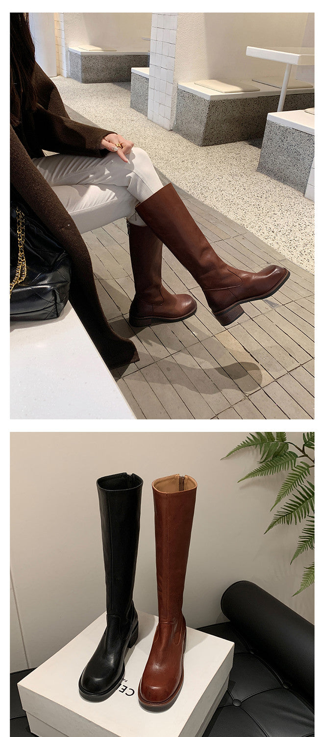 Karin Luna Basic Versatile Style Round Toe Chunky Heel Long Boots