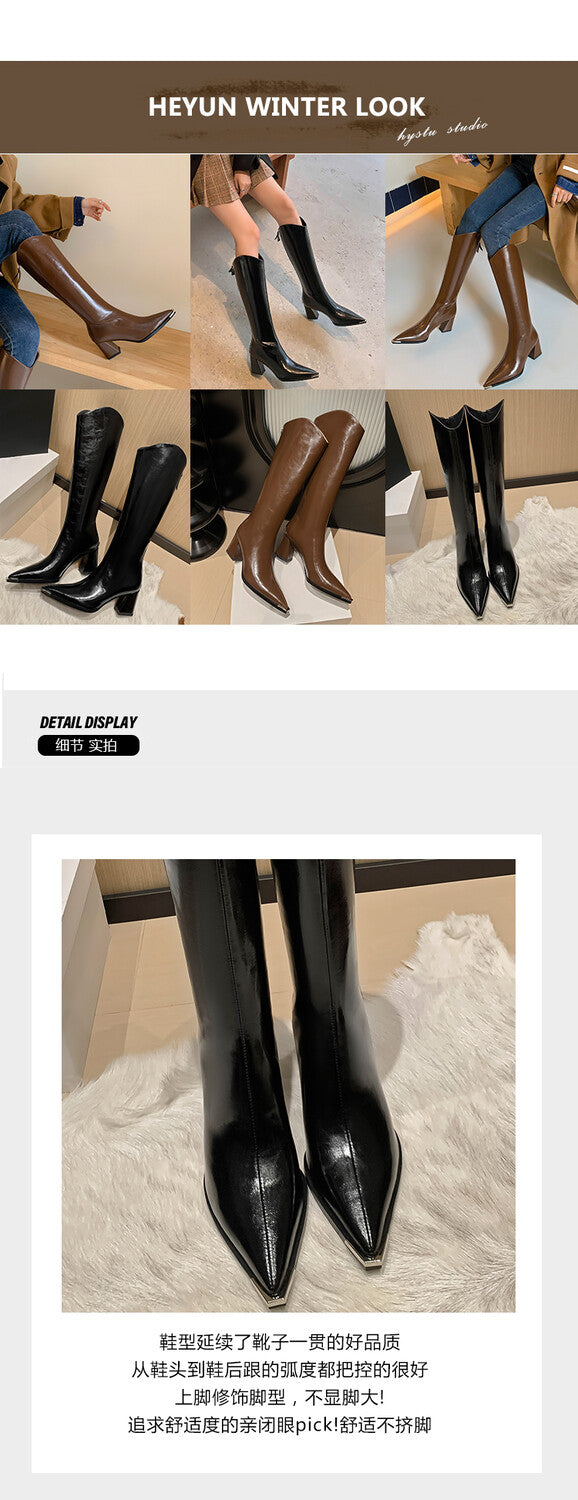Karin Luna In Stock Spot Goods Elegant Pointed Toe Chunky Heel v Metal Toe Full Cowhide Long Boots