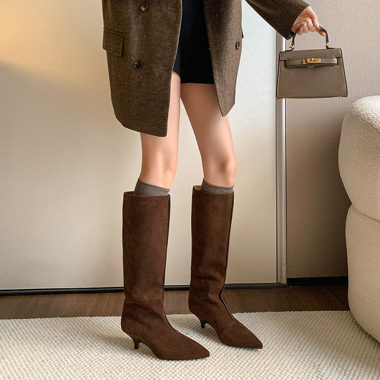 Karin Luna In Stock Spot Goods Retro Cowhide Pointed Toe Stiletto Elegant Long Boots