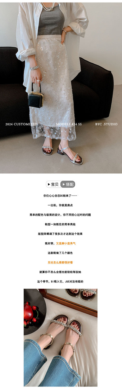 Karin Luna In Stock In Stock  Rhinestone Strap Round Toe Chunky Heel Sandals