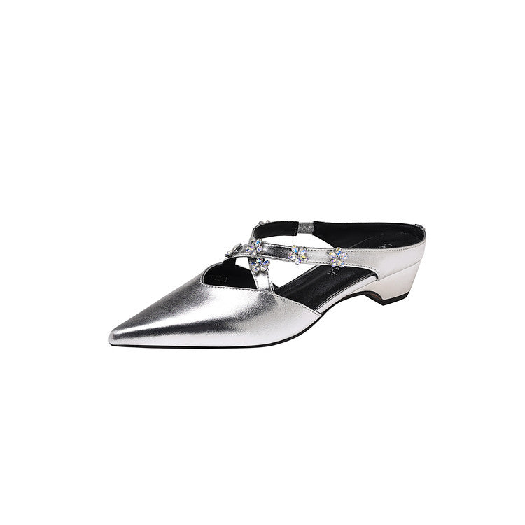 Karin Luna Elegant Pointed Toe Rhinestone Flower High Heel Mules