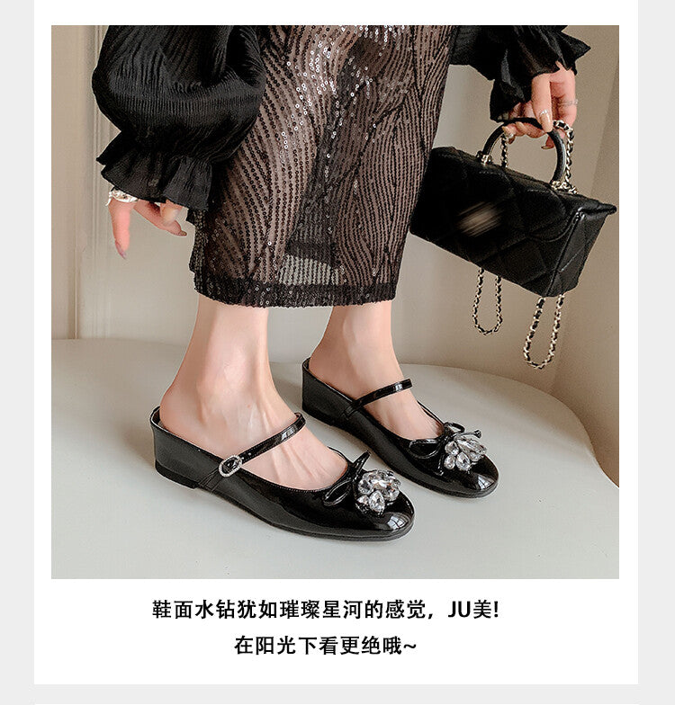 Karin Luna In Stock In Stock  Rhinestone One-Strap Round-Toe Slip-On Height-Increasing Soft Slippers