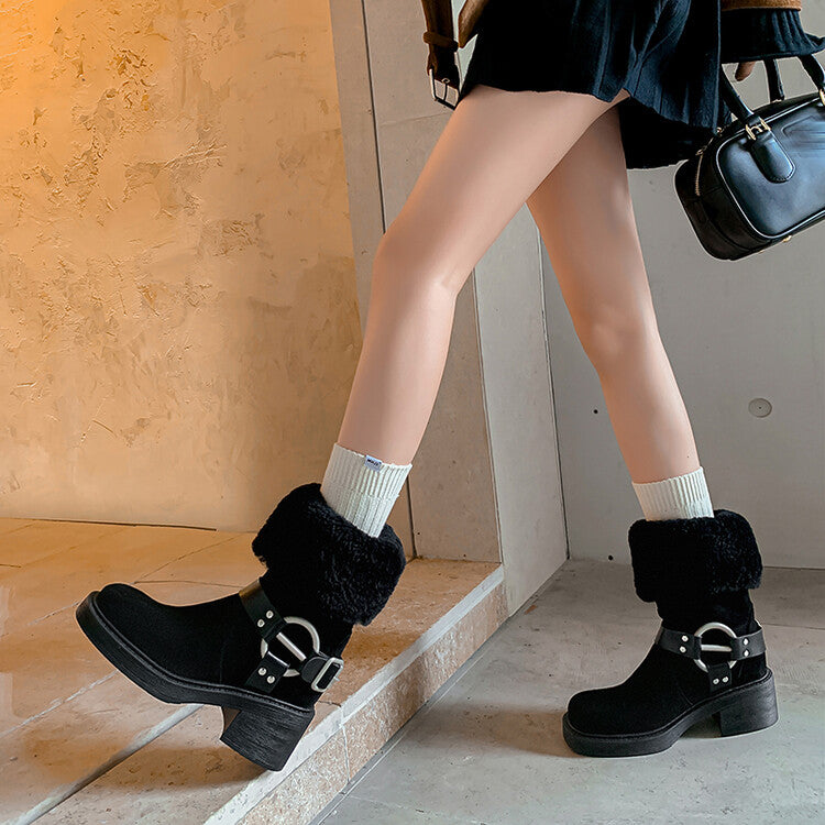 Karin Luna Genuine Lamb Wool and Cowhide Leather Hot-selling Metal Buckle Round Toe Chunky Heel Main Push Main Push