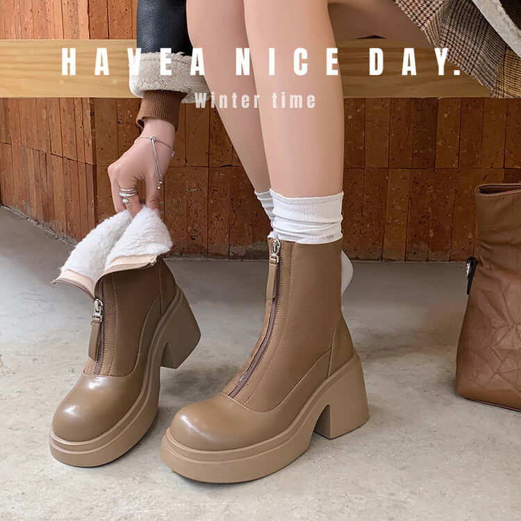Karin Luna Basic Bestseller Timeless Thick Fur Lined Round Toe Thick Sole Cowhide Snow Boots