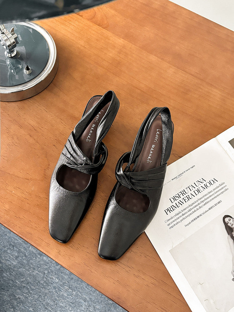 Karin Luna In Stock  Spot Goods Small Square Toe Wrinkled Chunky Heel Closed-Toe Sandals