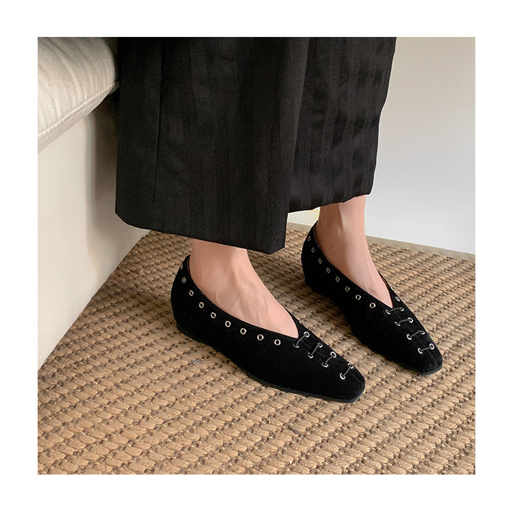 Karin Luna In Stock Spot Goods    Old Money Style Square Toe Suede Flats