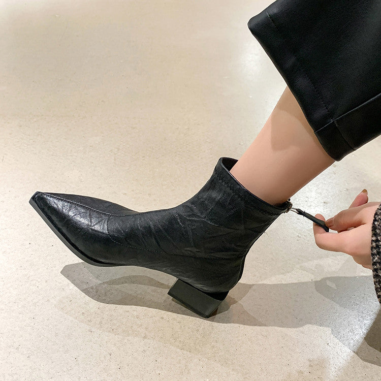 Karin Luna Elegant Style Pointed Toe Chunky Heel Short Boots