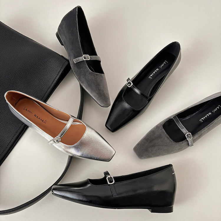 Karin Luna In Stock Spot Goods  Elegant Square-Toe One-Strap Height-Increasing Flats