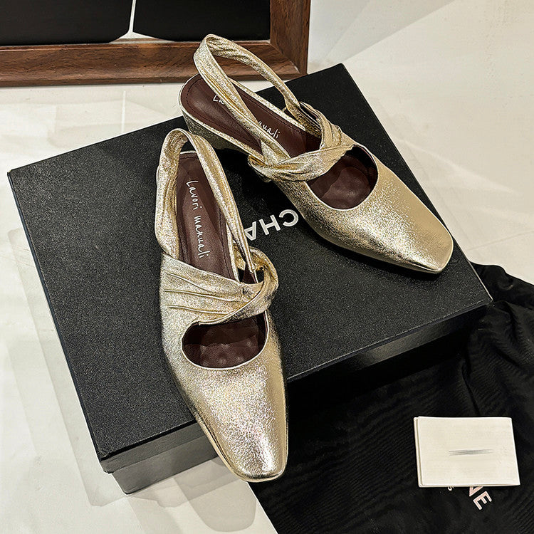 Karin Luna In Stock  Spot Goods Small Square Toe Wrinkled Chunky Heel Closed-Toe Sandals