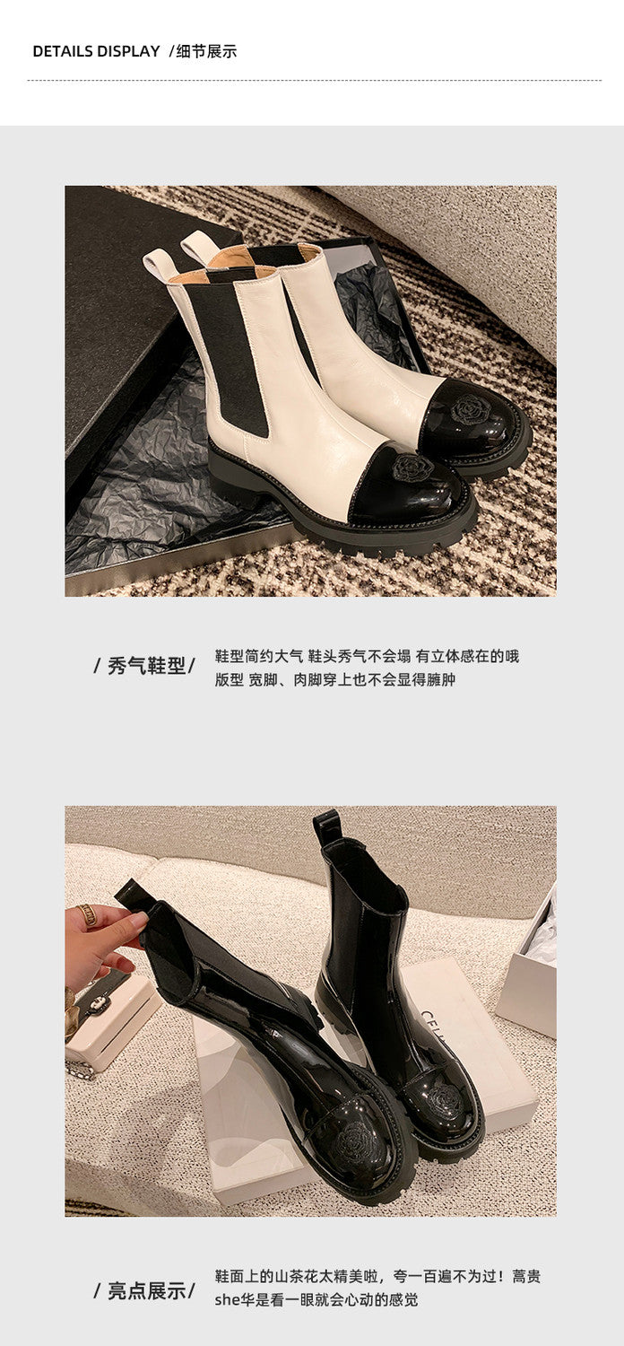 Karin Luna In Stock Spot Goods  Classic Embroidered Camellia Round Toe Thick Sole Chelsea Boots