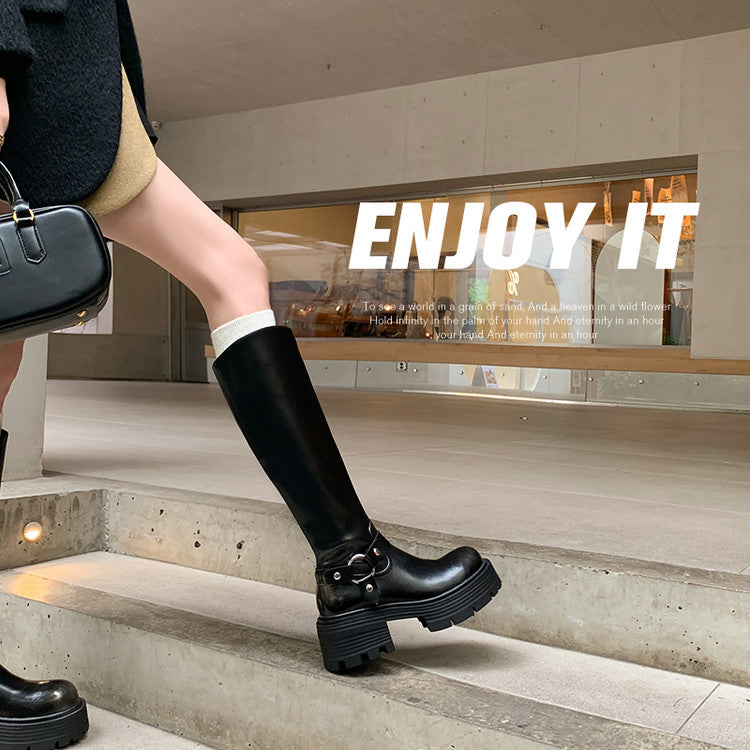 Karin Luna In Stock Spot Goods Round Toe Thick Sole Belt Buckle Straight Long Boots
