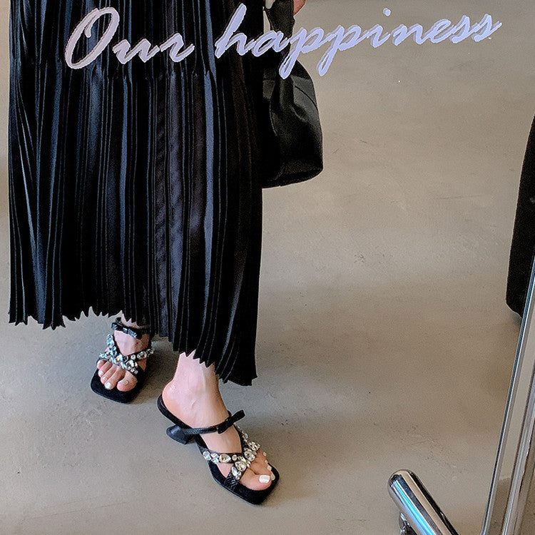 Karin Luna In Stock In Stock  Square Toe Rhinestone Bow Suede Slippers