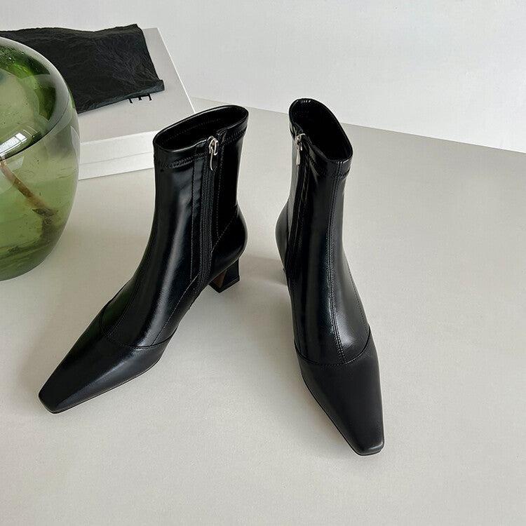 Karin Luna Elegant Small Square Toe Chunky Heel Slim Boots