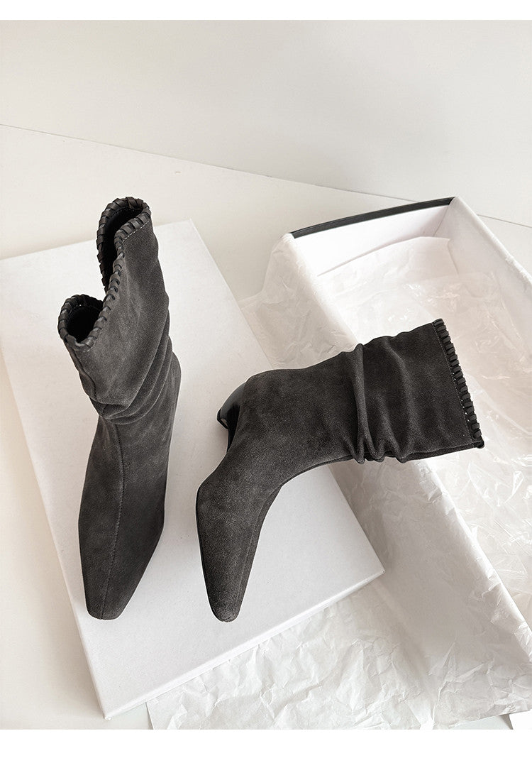 Karin Luna Elegant Style Small Square Toe Pleated Short Boots