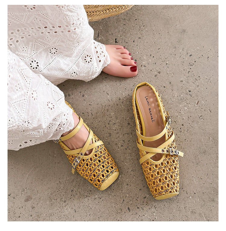 Karin Luna In Stock Spot Goods  Hot-Selling Square-Toe Woven Pig Nose Closed-Toe Slippers