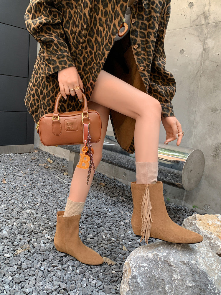 Karin Luna In Stock Spot Goods Tassel Square Toe Hidden Wedge Short Boots