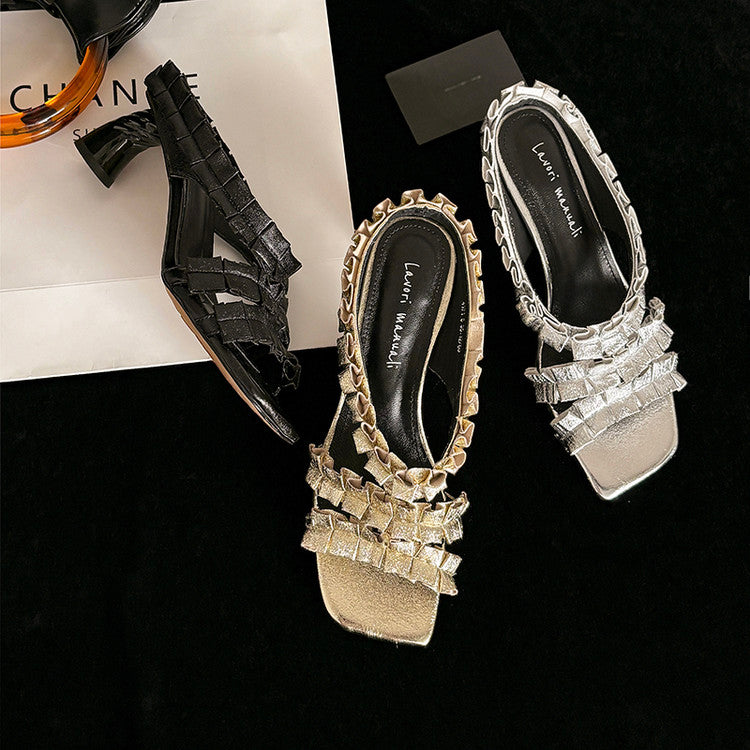 Karin Luna In Stock  Spot Goods  Unique Square-Toe Pleated Lace Sandals