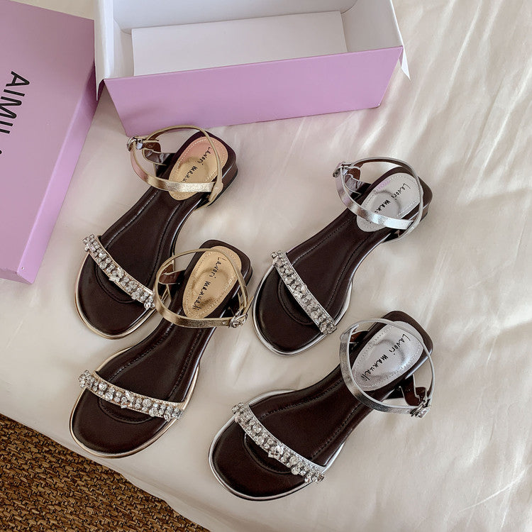 Karin Luna In Stock In Stock  Rhinestone Strap Round Toe Chunky Heel Sandals