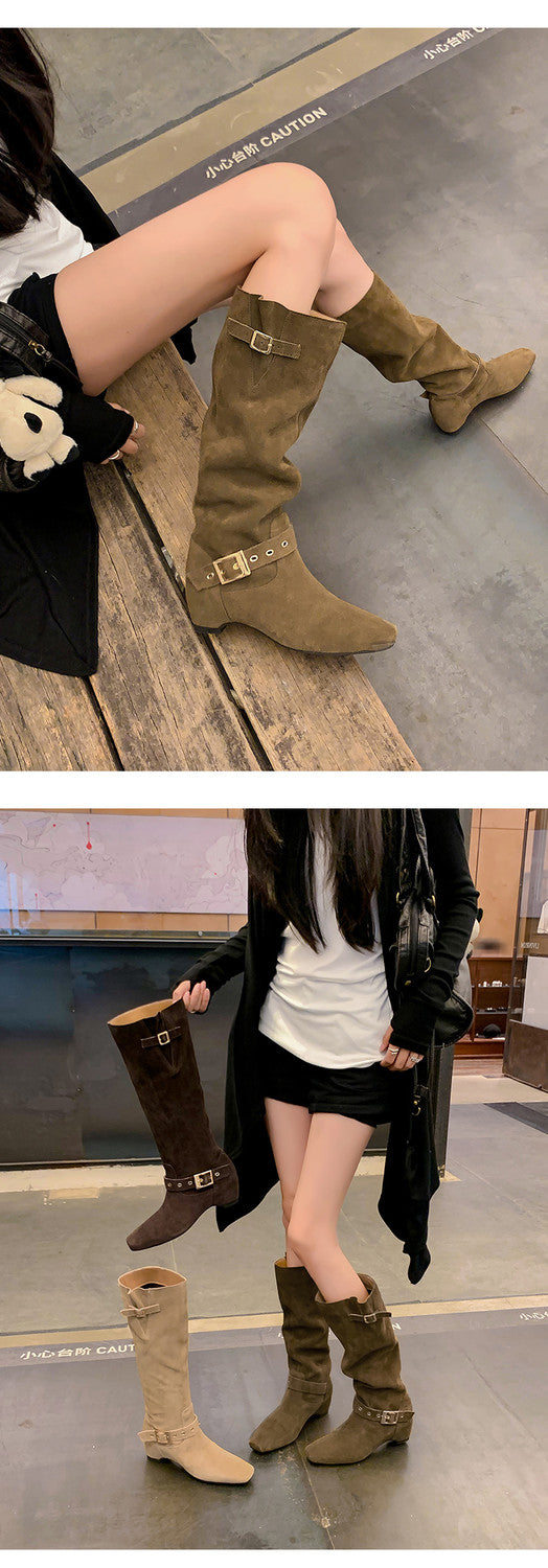 Karin Luna Data Model Belt Buckle Matte Square Toe Hidden Wedge Slouch Western Boots