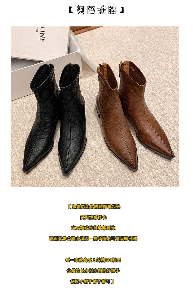 Karin Luna Elegant Style Pointed Toe Chunky Heel Short Boots