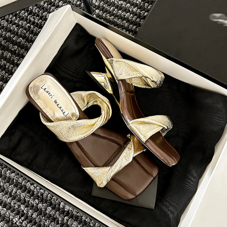 Karin Luna In Stock  Spot Goods   Square Toe One-Strap Irregular Heel Slippers