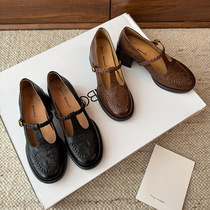 Karin Luna In Stock Spot Goods Vintage Braided Twist High Heels T Round Toe Thick Sole Single Shoes