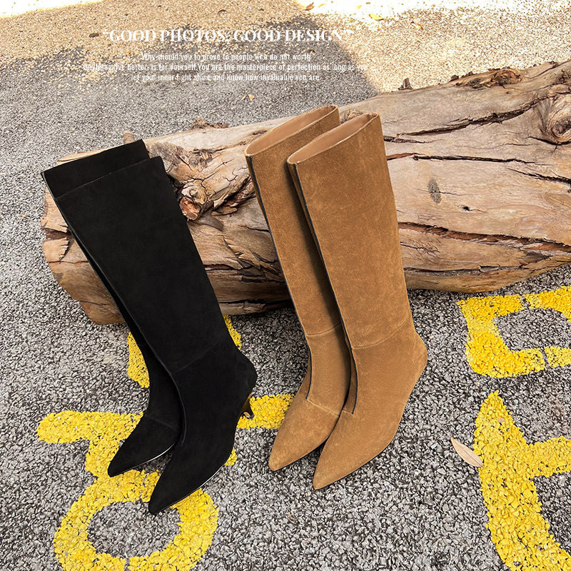 Karin Luna In Stock Spot Goods Retro Cowhide Pointed Toe Stiletto Elegant Long Boots