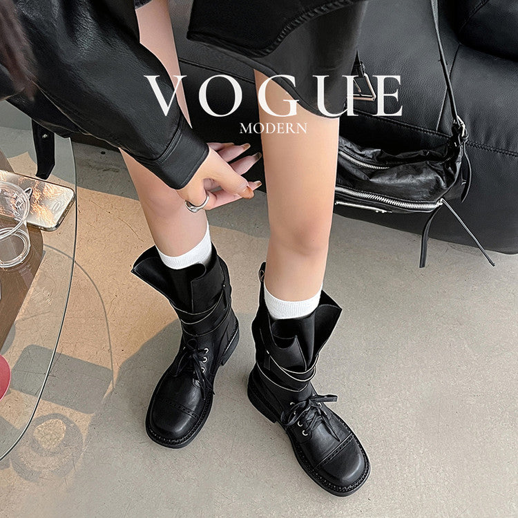 Karin Luna Bestseller Hot-Selling Large Tube Leather Belt Buckle Round Toe Thick-Soled Short Boots