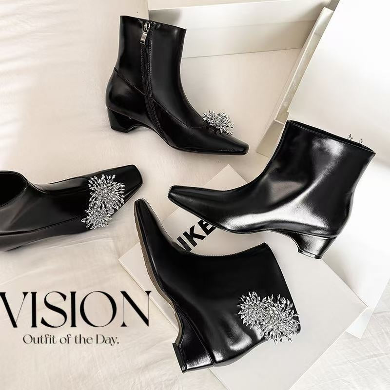 Karin Luna Elegant Style Square Toe Flower Design Height Increasing Short Boots with Two Front and Back Options