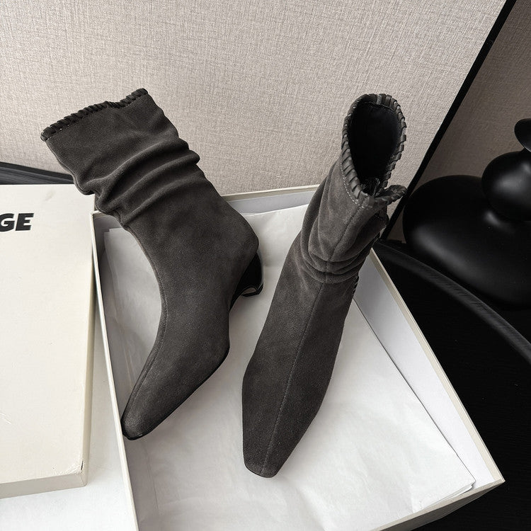 Karin Luna Elegant Style Small Square Toe Pleated Short Boots