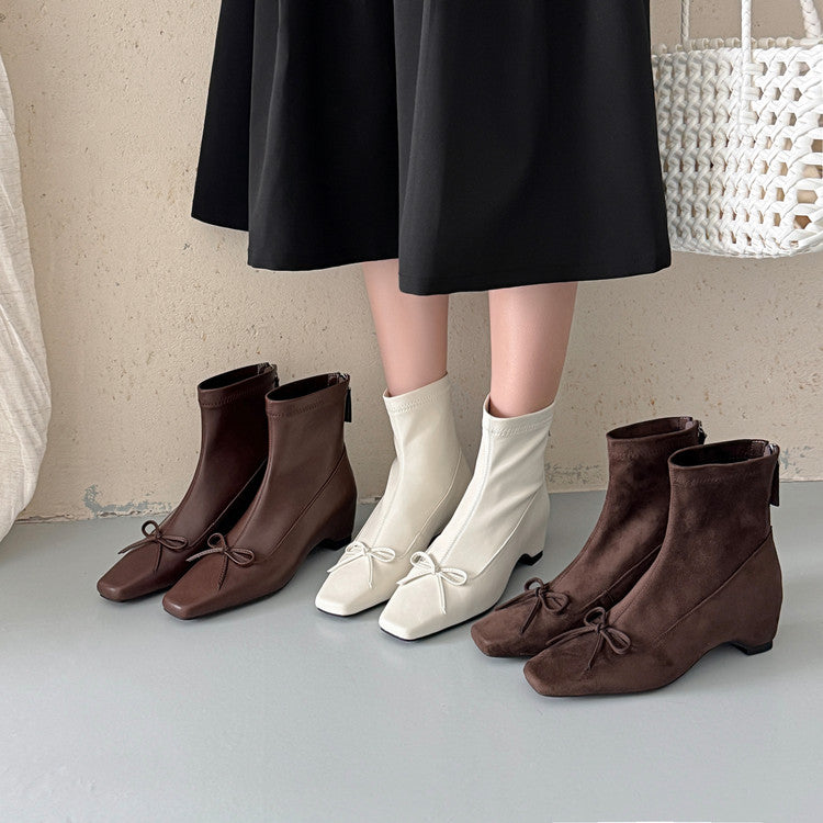 Karin Luna French Style Square Toe Bowknot Hidden Wedge Slim Boots