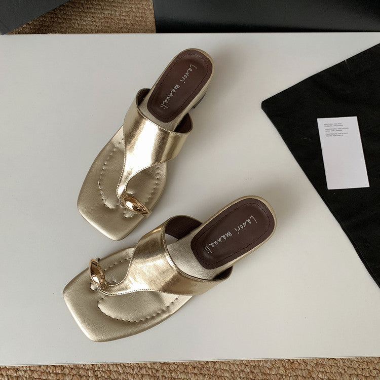 Karin Luna In Stock Spot Goods Clip-toe Square Toe Metal Buckle Minimalist Slippers