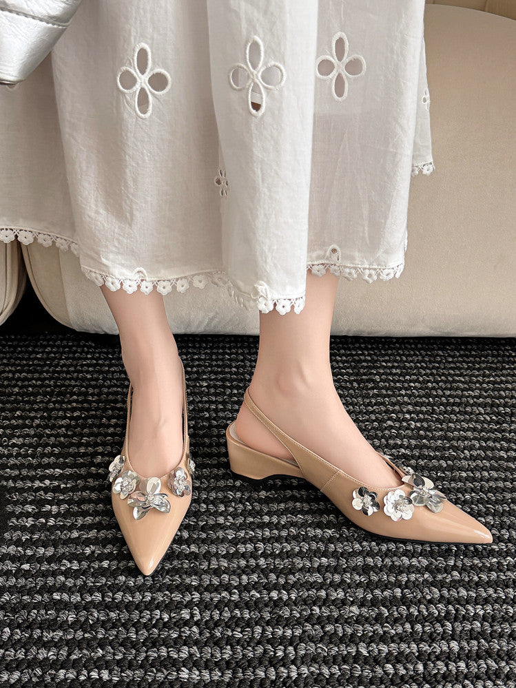 Karin Luna In Stock In Stock  Sequin Floral Pointed Toe Chunky Heel Closed-Toe Sandals