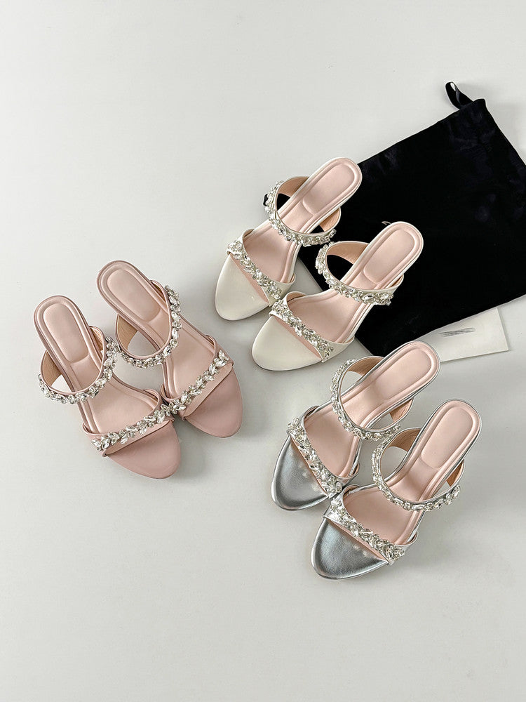 Karin Luna Exquisite Round Toe One-Strap Rhinestone Thin Heel Slippers