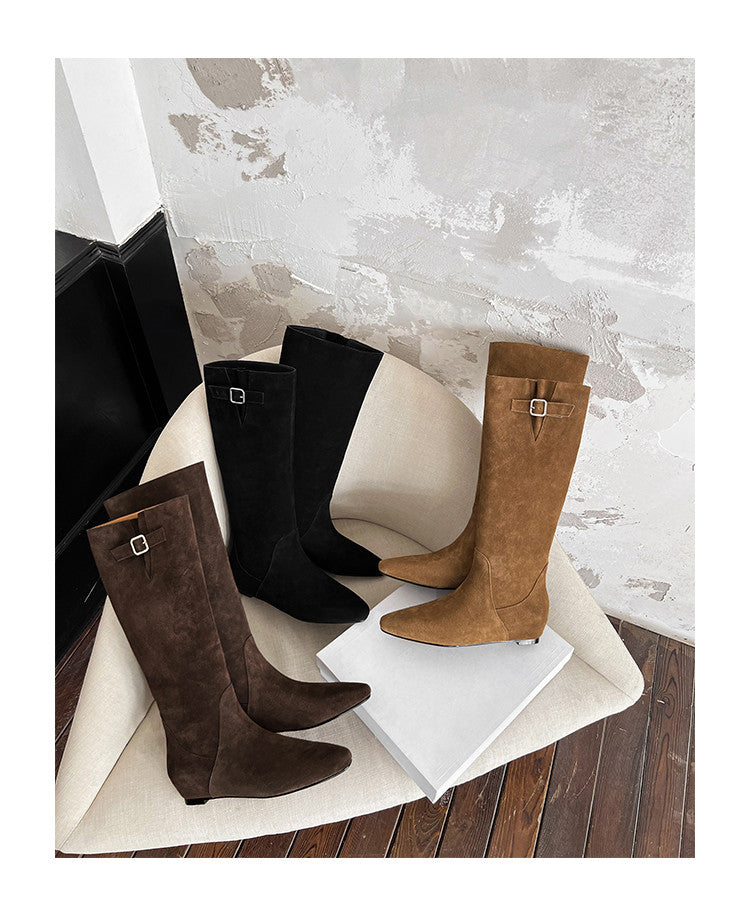 Karin Luna In Stock Spot Goods Vintage Cowhide Leather Chunky Heel Height Increasing Long Boots