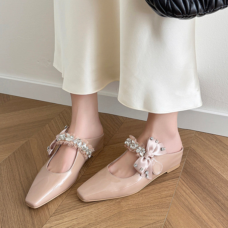 Karin Luna Handmade One-Strap Rhinestone Ribbon Square-Toe Mules